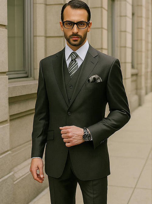Business Suit - Mens Classic Modern Fit No Pleated Pant Side Vented 2 Button Wool Olive Green Suit