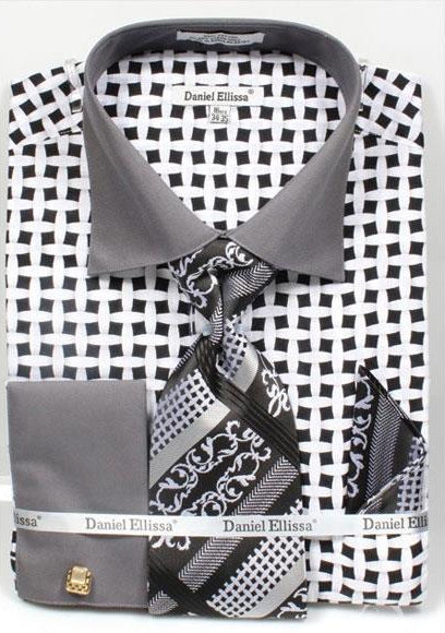 Daniel Ellissa Bright Black/White Net Pattern Two Tone French Cuff Big And Tall Sizes Black Collar Two Toned Contrast 18 19 20 21 22 Inch Neck Men's Dress Shirt - 20.5" Neck/36-37" Sleeve
