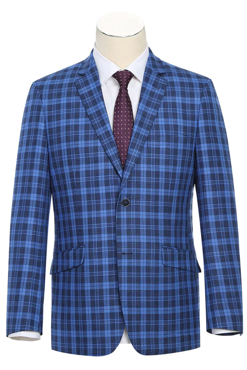 "Men's Slim Fit Blazer - Two Button Sport Coat in Royal & Navy Blue Windowpane Plaid" - 36 Short