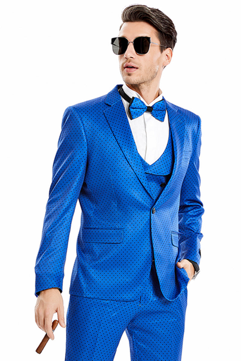 "Men's Royal Blue & Black Mini Polka Dot Prom 2025 Suit - One Button Vested" - 34 Short