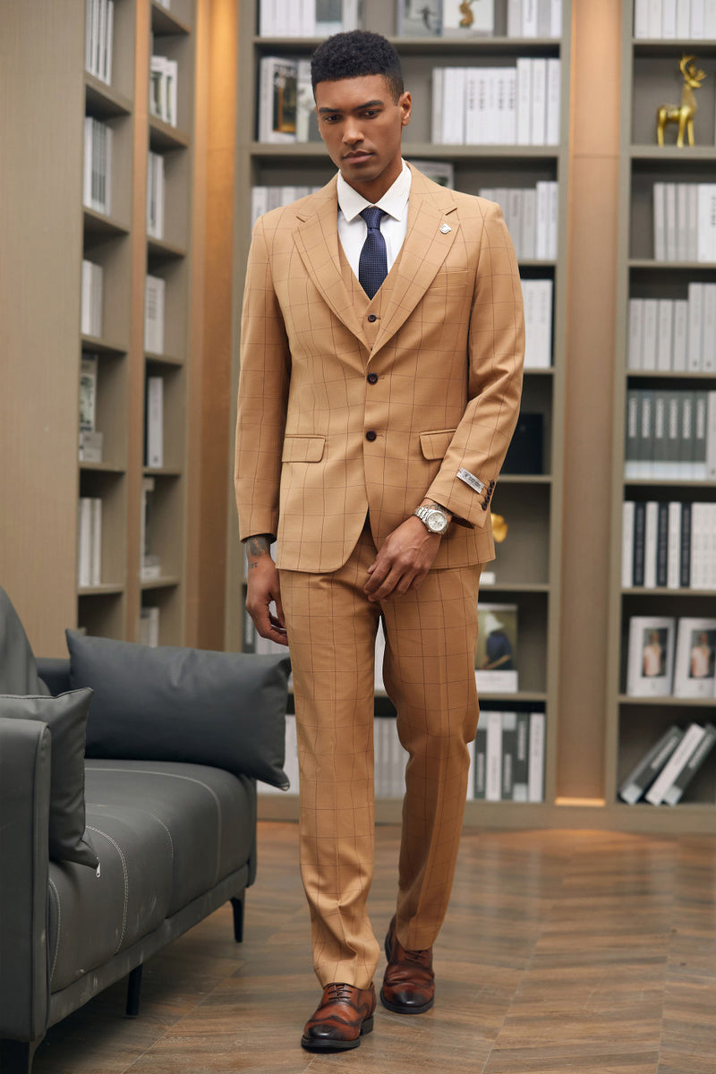 Mens Stacy Adams Suit -Stacy Adams Suit Men's Two-Button Wide Lapel Vested Suit - Light Rust Windowpane Plaid - 34 Short