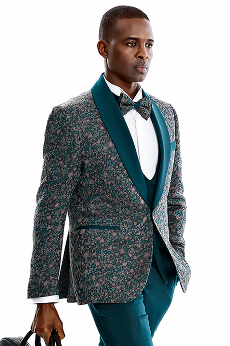 "Vintage Splatter Print Men's Prom 2025 Tuxedo - One Button, Shawl Lapel, Vested, Green" - 34 Short