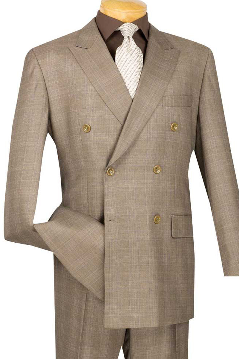 Mens Classic Wool Feel Double Breasted Glen Plaid Suit in Tan - 36 Short