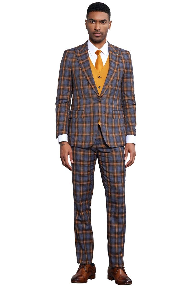 Men's Stacy Adams Bold Windowpane Plaid Print Vested Suit in Grey & Gold - 38 Regular