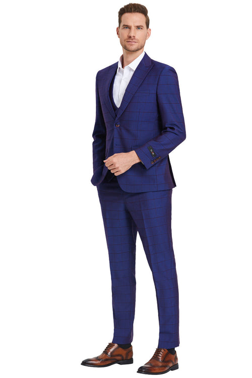 "Sharkskin Suit Men's - Indigo Blue Windowpane Plaid, Two Button Vested Peak Lapel"