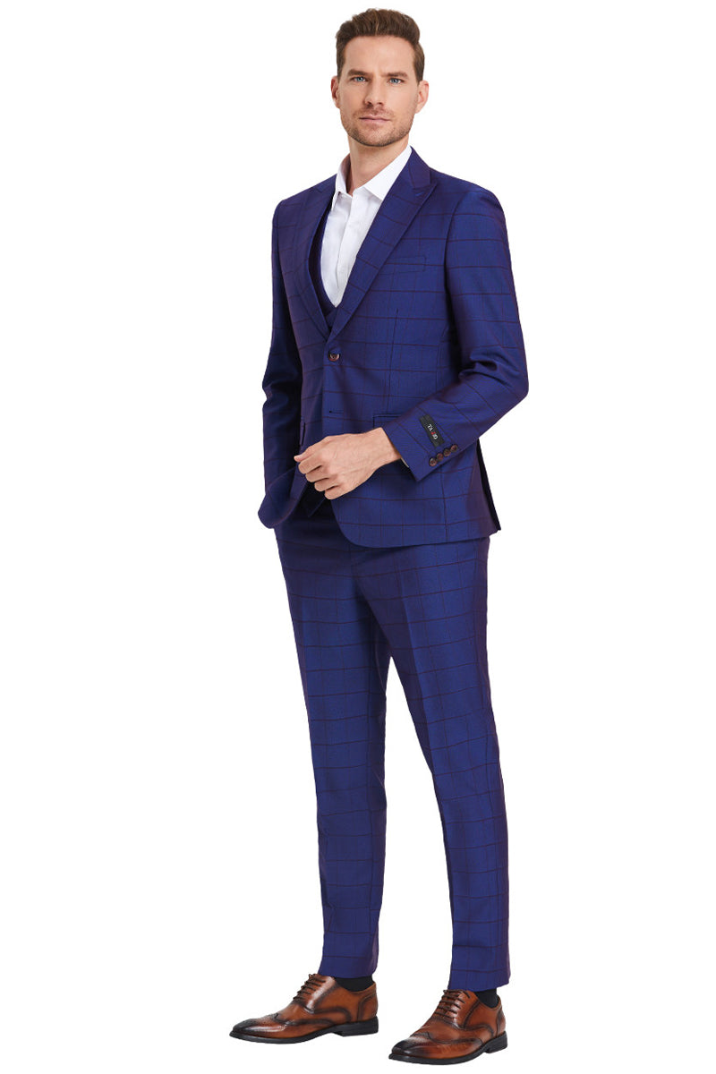 "Sharkskin Suit Men's - Indigo Blue Windowpane Plaid, Two Button Vested Peak Lapel" - 34 Short