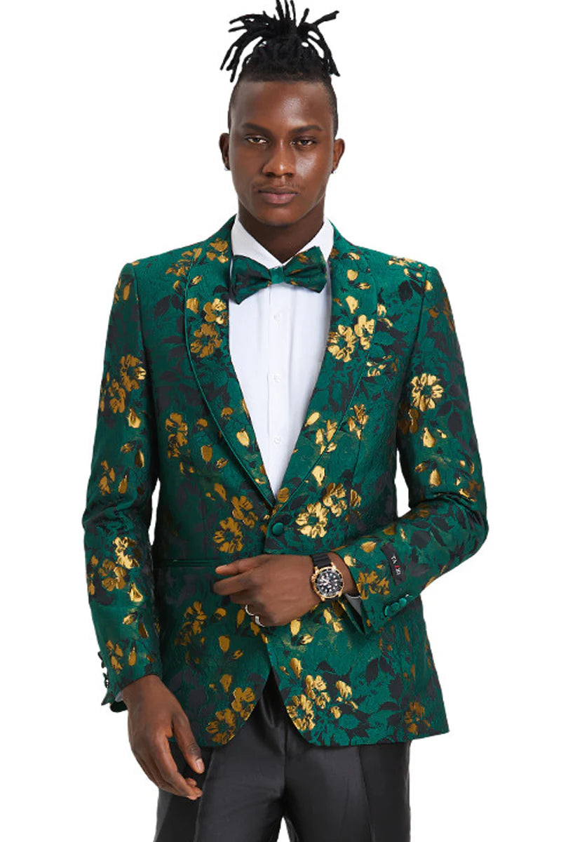 Men's slim fit hunter green and gold paisley prom and wedding tuxedo jacket - Large