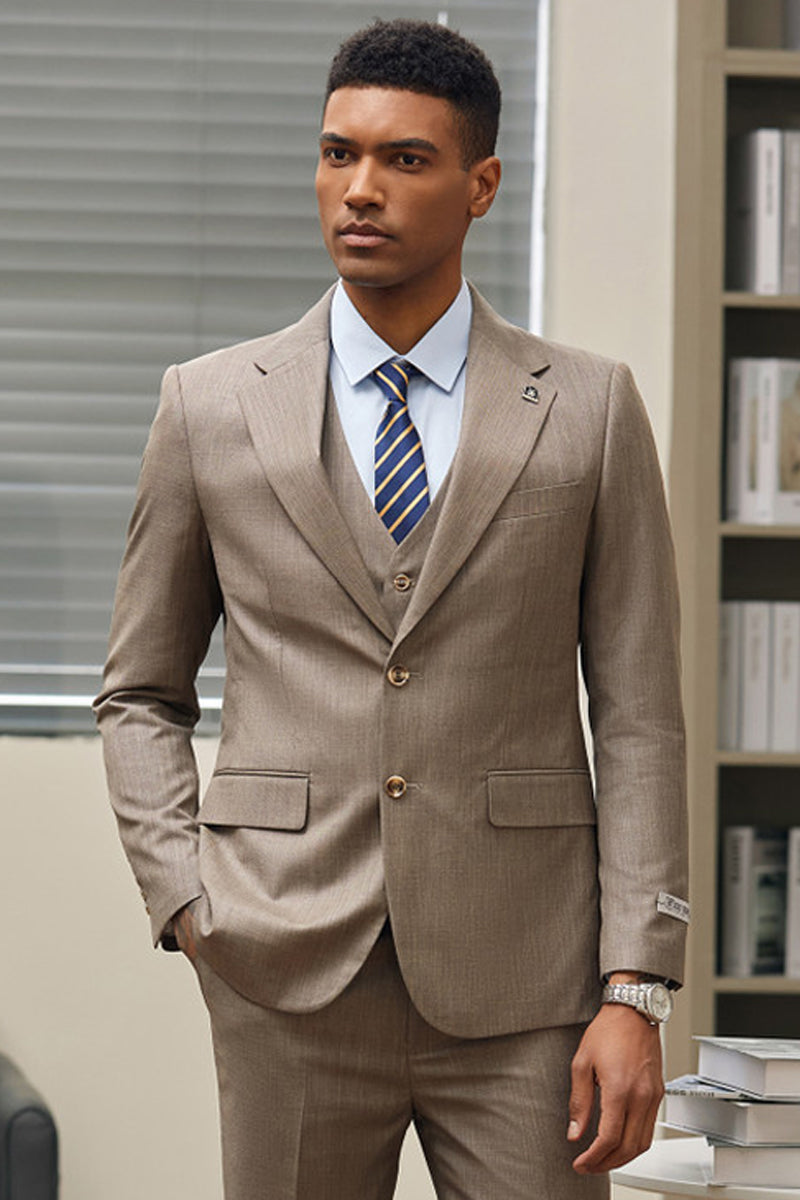 "Mens Stacy Adams Suit - Stacy Adams Suit Men's Sharkskin Business Suit - Two Button Vested, Dark Tan" - 40 Regular