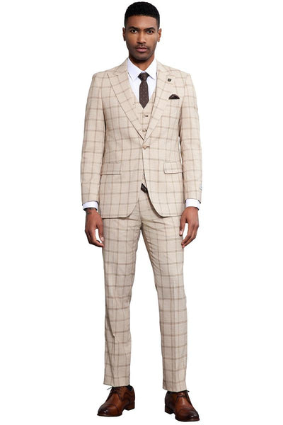 Men's Stacy Adams One Button Peak Lapel Vested Windowpane Plaid Suit in Tan