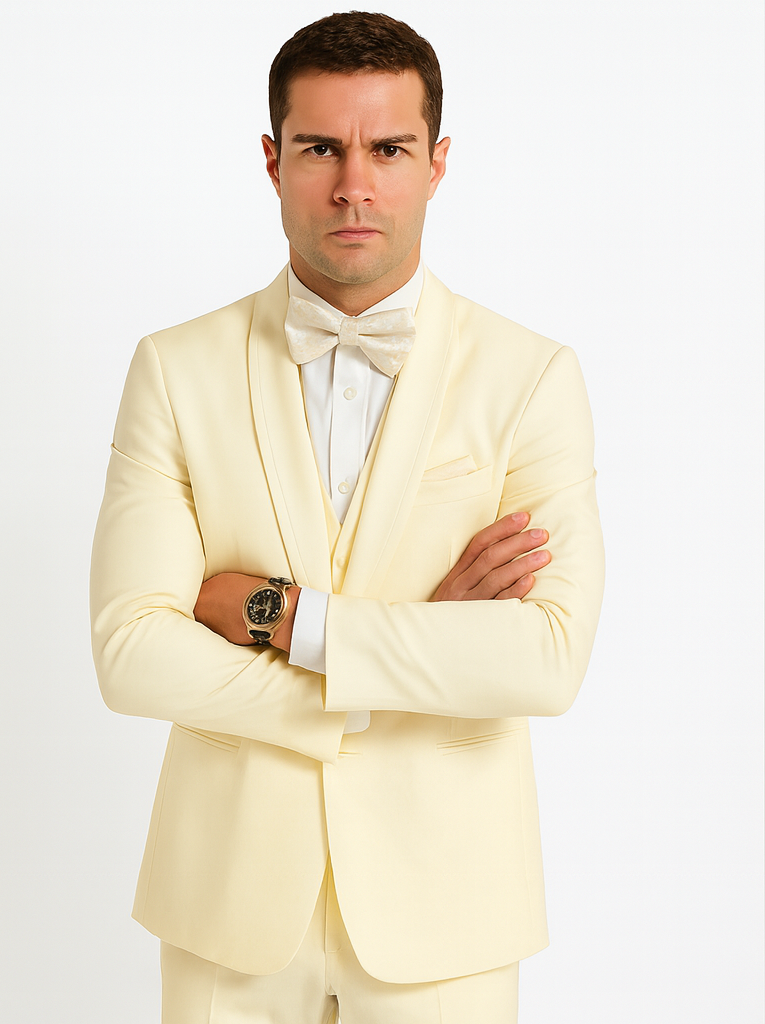Mens Vested Shawl Lapel Tuxedo With Satin Trim in Ivory - 42 Short