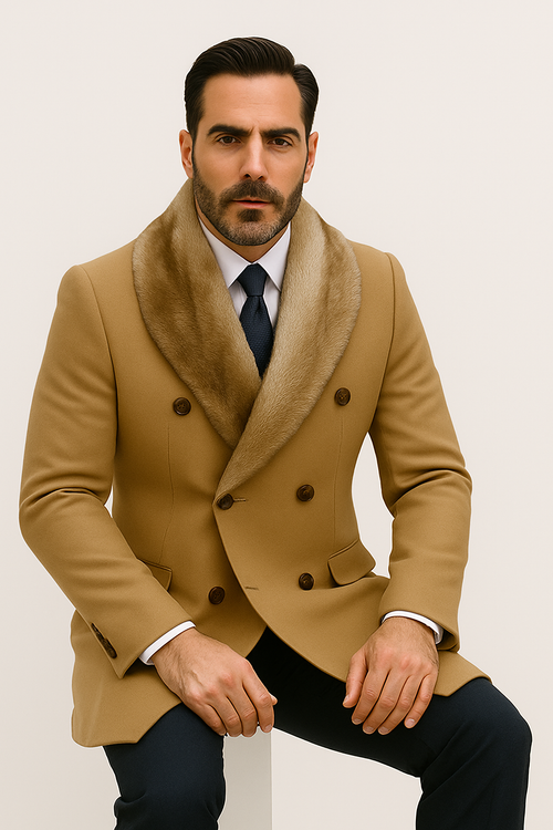 Camel Hair Overcoat - Peacoat With Fur Collar - Double Breasted Wool And Cashmere Alberto Nardoni Coat - New Arrival