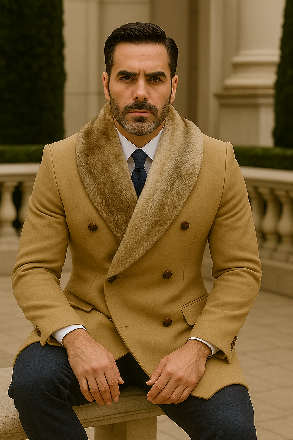 Camel Hair Overcoat - Peacoat With Fur Collar - Double Breasted Wool And Cashmere Alberto Nardoni Coat - New Arrival - Coat Size 28