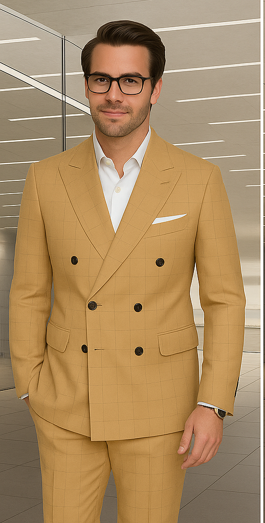 Wool Suit - Italian Made Business Suit by Statement Men's 100% Wool 2 Piece Double Breasted Suit - Subtle Windowpane - 38R