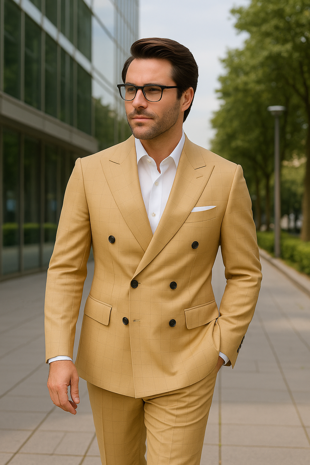 Wool Suit - Italian Made Business Suit by Statement Men's 100% Wool 2 Piece Double Breasted Suit - Subtle Windowpane - 38R