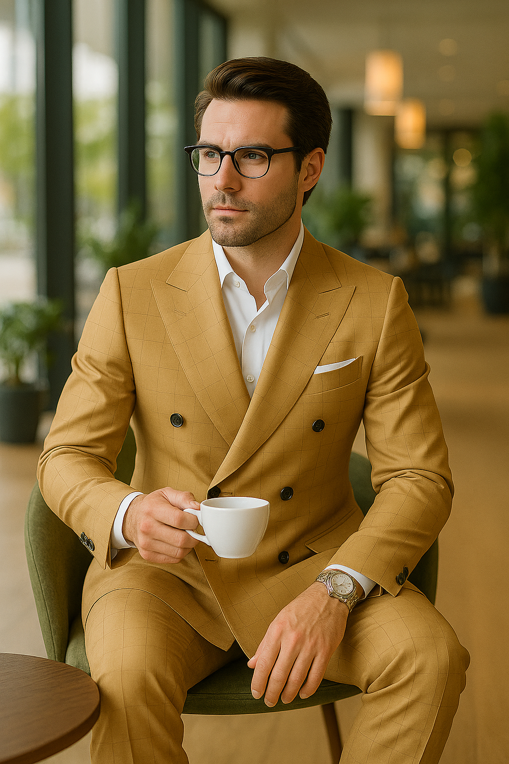 Wool Suit - Italian Made Business Suit by Statement Men's 100% Wool 2 Piece Double Breasted Suit - Subtle Windowpane - 38R