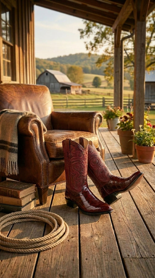 Men’s Burgundy Eel Cowboy Boots with J Toe, Exotic Leather Western Dress Boots