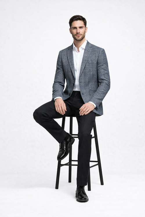 Cashmere and Charcoal Grey and Blue Blazer - Plaid Sport Coat - Windowpane Pattern