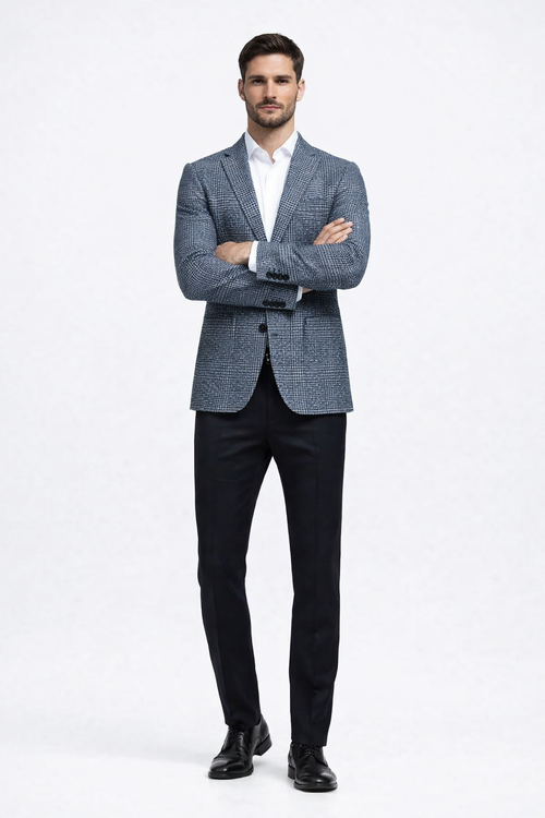 Cashmere and Charcoal Grey and Blue Blazer - Plaid Sport Coat - Windowpane Pattern