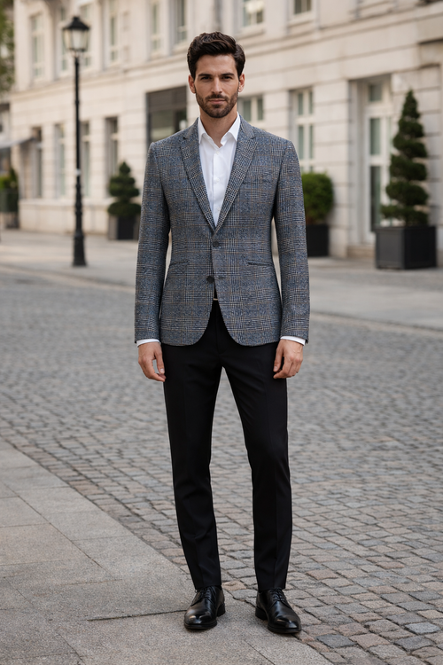 Cashmere and Charcoal Grey and Blue Blazer - Plaid Sport Coat - Windowpane Pattern