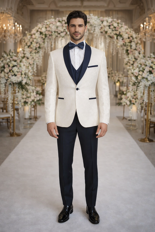 Mens White Metallic Flake 3-Piece Tuxedo Navy Accents, Tailored Fit