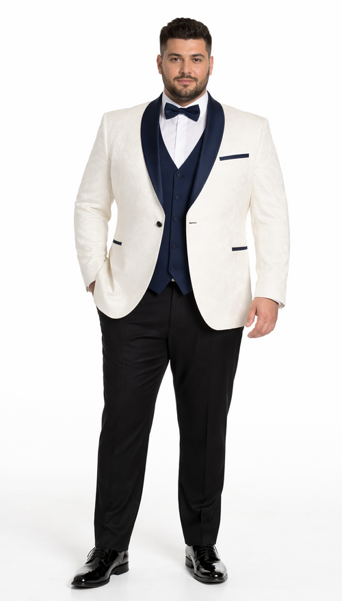 Mens White Metallic Flake 3-Piece Tuxedo Navy Accents, Tailored Fit