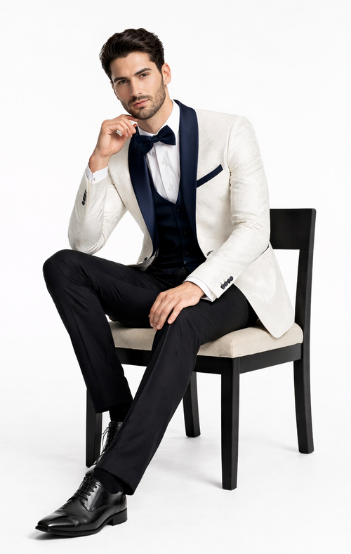 Mens White Metallic Flake 3-Piece Tuxedo Navy Accents, Tailored Fit