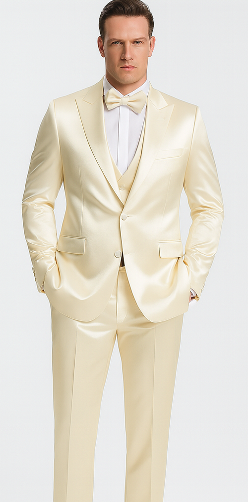 Stylish Champagne Satin 3 Piece Slim Fit Tazzio Men's Suit with Double Breasted Vest and Peak Lapel Suit