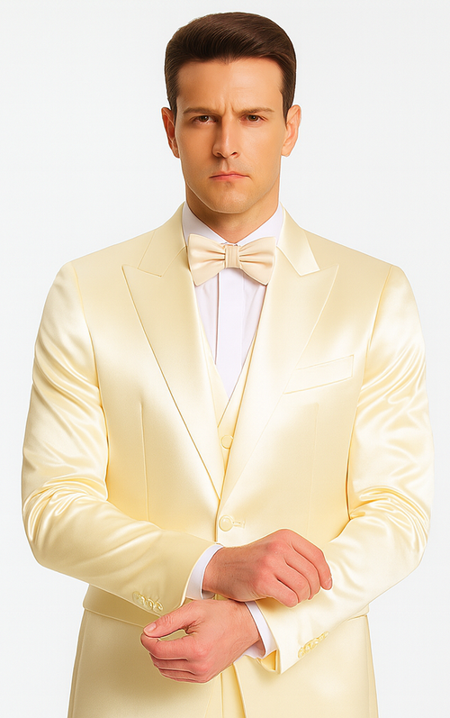 Stylish Champagne Satin 3 Piece Slim Fit Tazzio Men's Suit with Double Breasted Vest and Peak Lapel Suit