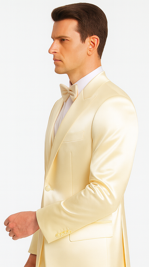Stylish Champagne Satin 3 Piece Slim Fit Tazzio Men's Suit with Double Breasted Vest and Peak Lapel Suit