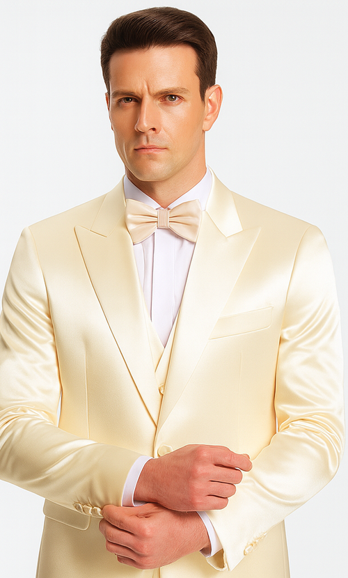 Stylish Champagne Satin 3 Piece Slim Fit Tazzio Men's Suit with Double Breasted Vest and Peak Lapel Suit