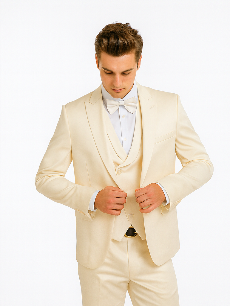 Champagne Satin Tuxedo Set – 4-Piece Look for Weddings & Proms - 34R Coat - 28 Waist