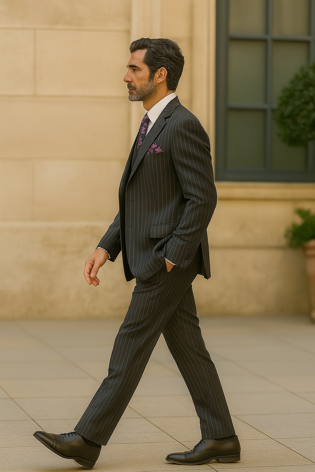 "Charcoal Grey Pinstripe Gangster Suit - Men's 2 Button Vested" - New Arrival - 54 Long