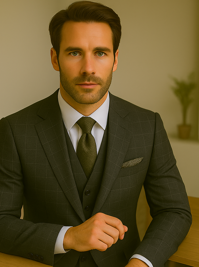Wool Suit - Italian Made Business Suit by Statement Men's 3 Piece 100% Wool Modern Fit Suit - V-Neck Double Breasted Vest - 38R