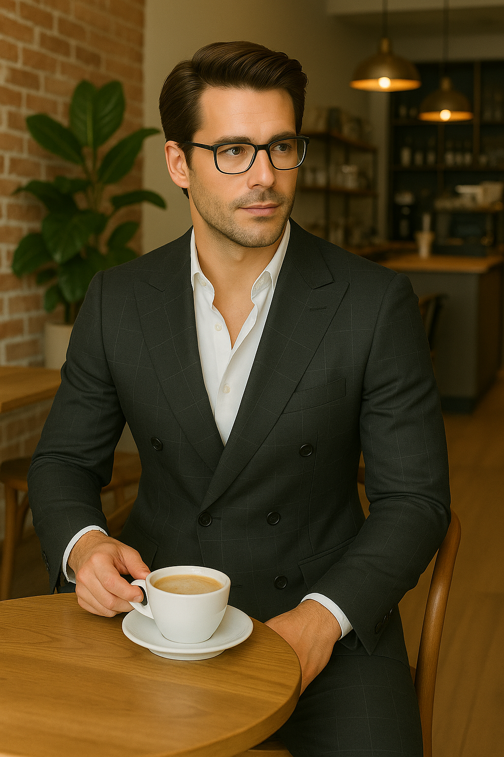 Wool Suit - Italian Made Business Suit by Statement Men's 100% Wool 2 Piece Double Breasted Suit - Subtle Windowpane - 38R
