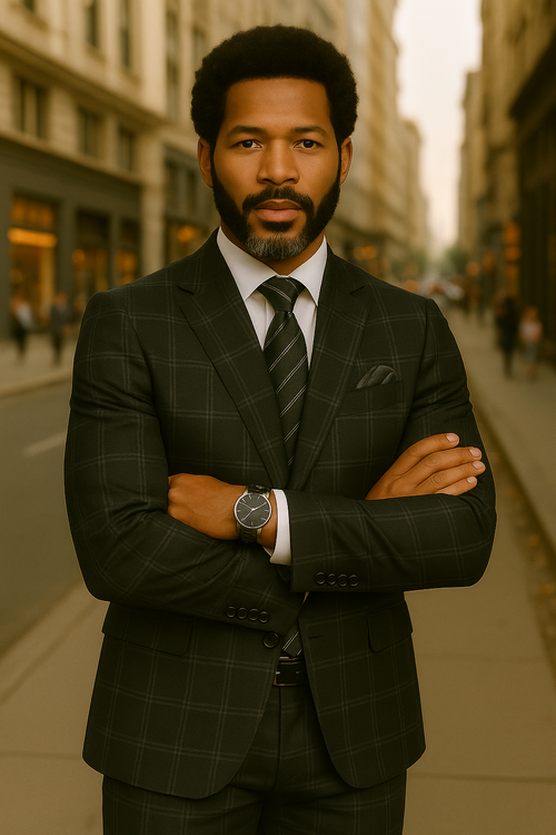 Wool Suit - Italian Made Business Suit by Windowpane Texture Business Pattern Modern Fit Side Vented Men's 2 Piece Big and Tall 100% Wool Fashion Suit - Bold Plaid