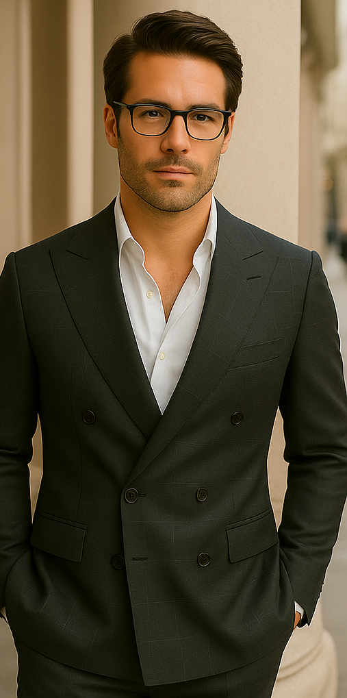 Wool Suit - Italian Made Business Suit by Statement Men's 100% Wool 2 Piece Double Breasted Suit - Subtle Windowpane - 38R