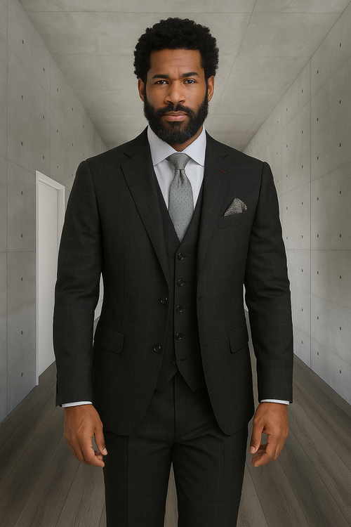Modern Fit - Wool Suit - Italian Made Business Suit by Windowpane Texture Business Pattern Modern Fit Side Vented Men's 3 Piece 100% Wool Modern Fit Suit - Sharp Plaid Pattern