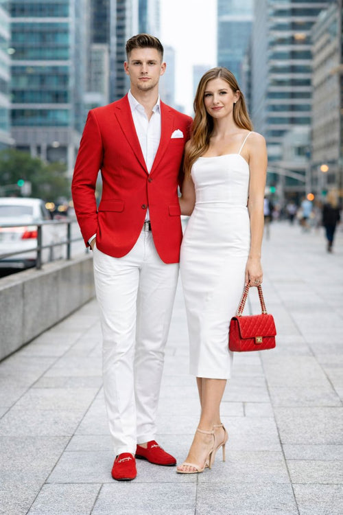 Cheap Priced Suit Mens Christmas Red New Year 2026 Prom Blazer Outfit, Discounted Jacket for Big Sizes with White Shirt and White Pants Affordable Sale