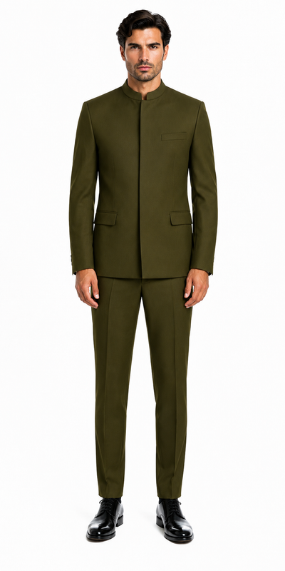 Cheap Priced Suit - Mens Mandarin Banded Collar French Front Green Suit