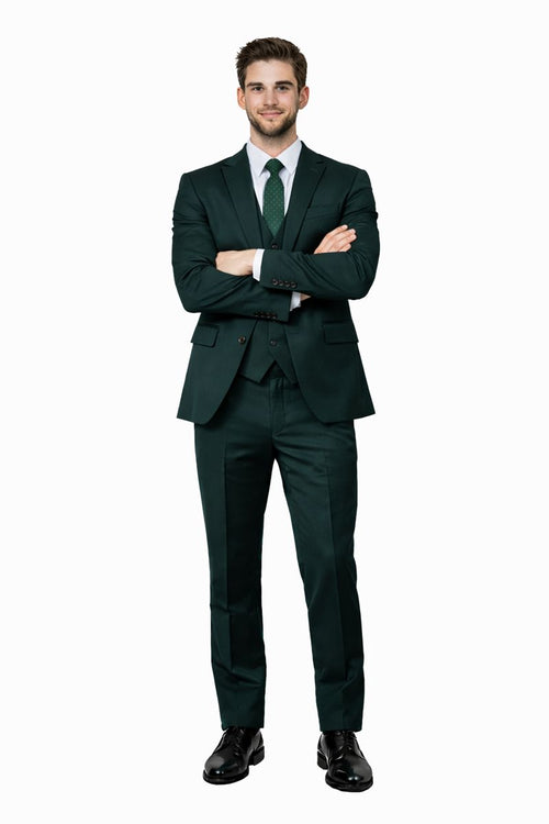 Cheap Priced Suit - Men's One Button Peak Lapel Skinny Wedding & Prom 2026 Hunter Green Suit With Lowcut Vest Green Prom 2026 Suits