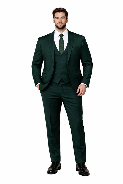 Cheap Priced Suit - Men's One Button Peak Lapel Skinny Wedding & Prom 2026 Hunter Green Suit With Lowcut Vest Green Prom 2026 Suits