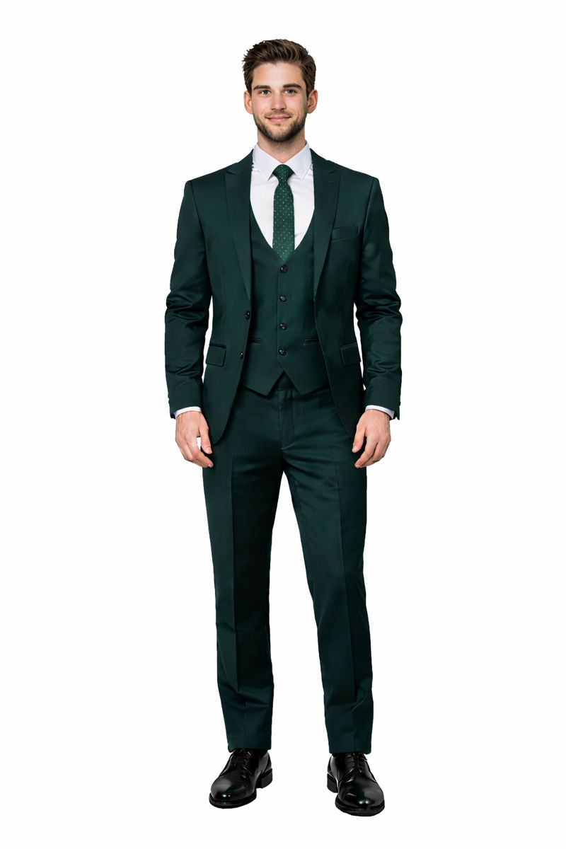 Cheap Priced Suit - Men's One Button Peak Lapel Skinny Wedding & Prom 2026 Hunter Green Suit With Lowcut Vest Green Prom 2026 Suits