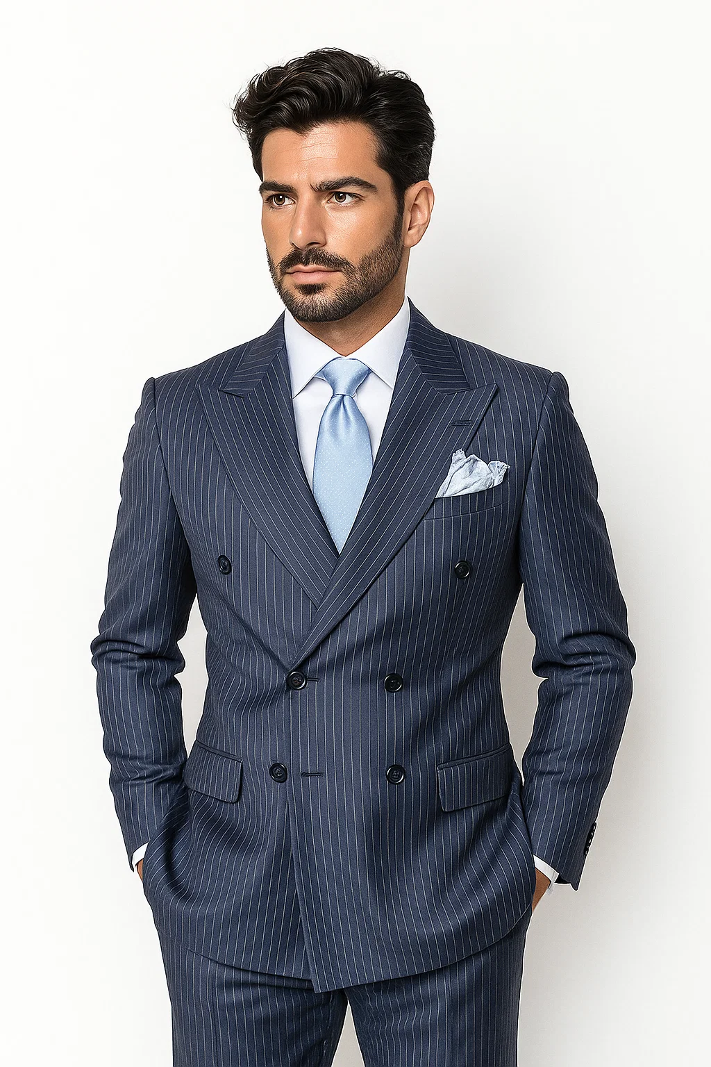 Suits With Baggy Pleated Pants - Wide Leg Pants 100% Wool - Classic Fit in Navy with White Pinstripe Color by Rossiman - 38 Regular