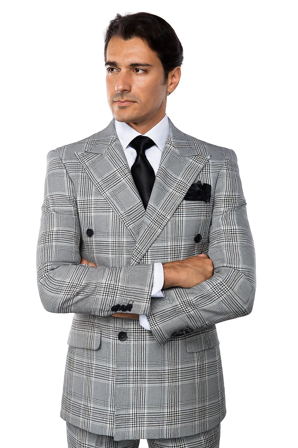 Suits With Baggy Pleated Pants - Wide Leg Pants 100% Wool - Classic Fit in Black and White Plaid Color by Rossiman - 38 Regular