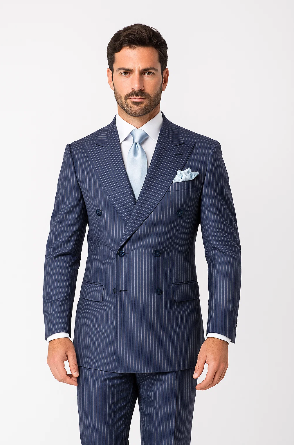 Suits With Baggy Pleated Pants - Wide Leg Pants 100% Wool - Classic Fit in Navy with White Pinstripe Color by Rossiman - 38 Regular