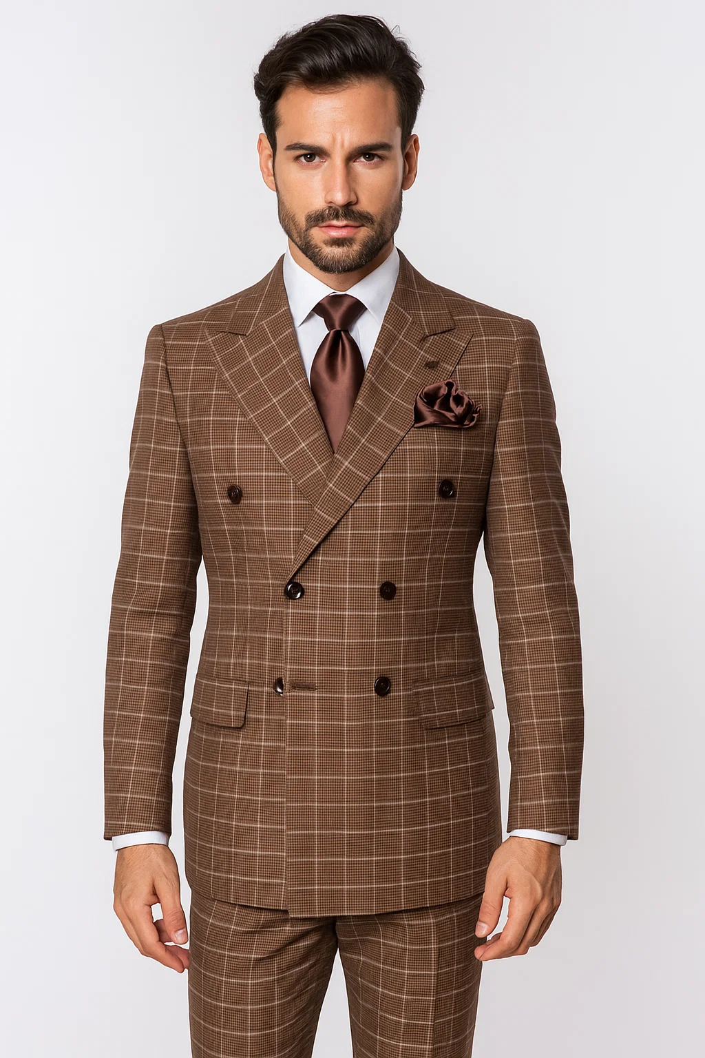 Suits With Baggy Pleated Pants - Wide Leg Pants 100% Wool - Classic Fit in Brown Plaid Color by Rossiman - 38 Regular