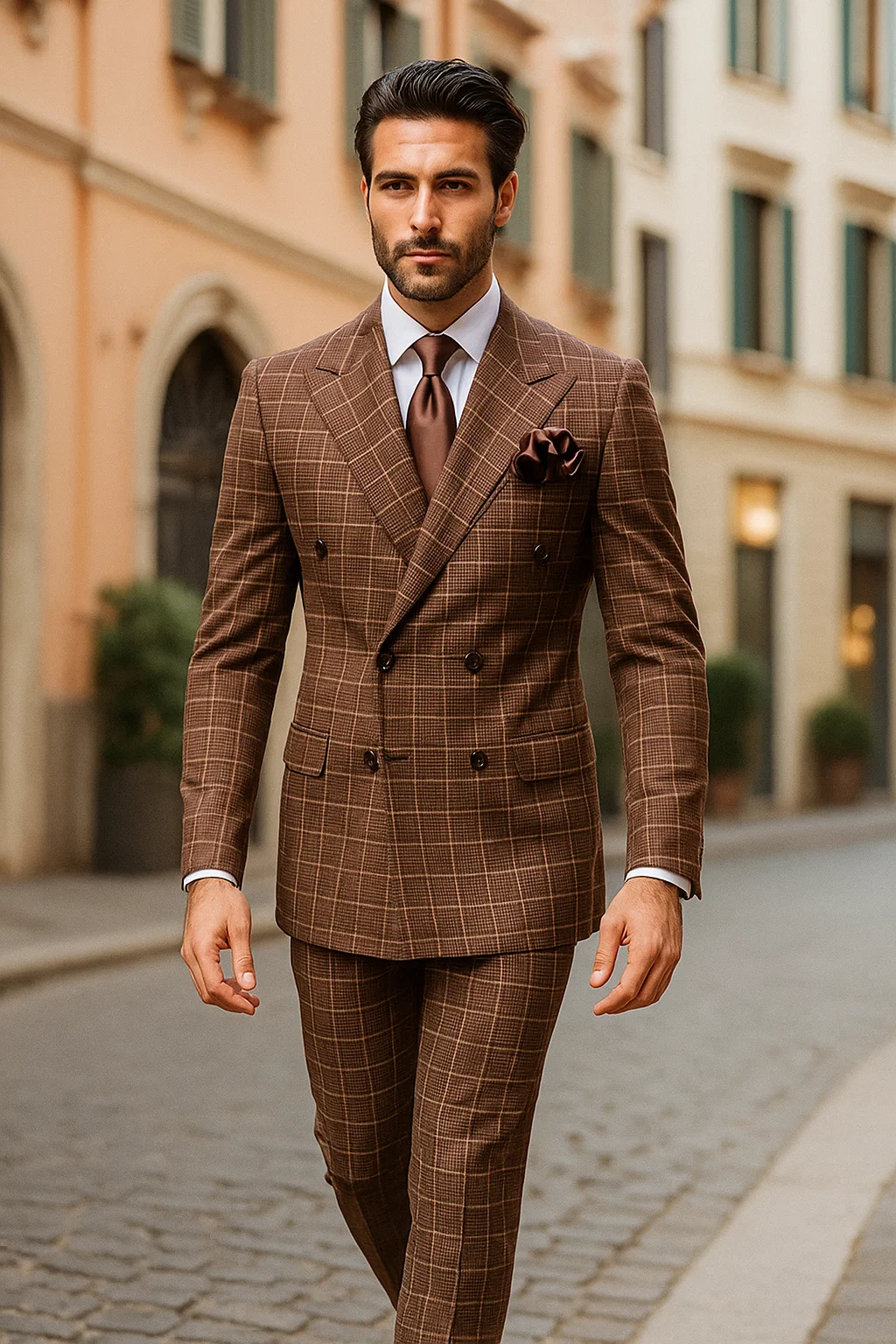 Suits With Baggy Pleated Pants - Wide Leg Pants 100% Wool - Classic Fit in Brown Plaid Color by Rossiman - 38 Regular