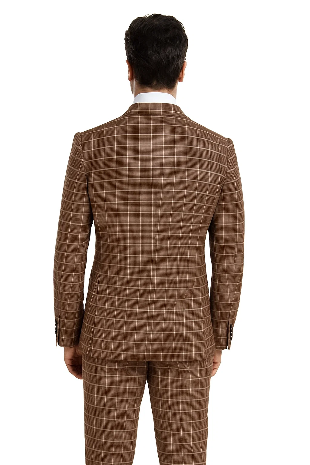 Suits With Baggy Pleated Pants - Wide Leg Pants 100% Wool - Classic Fit in Brown Plaid Color by Rossiman - 38 Regular