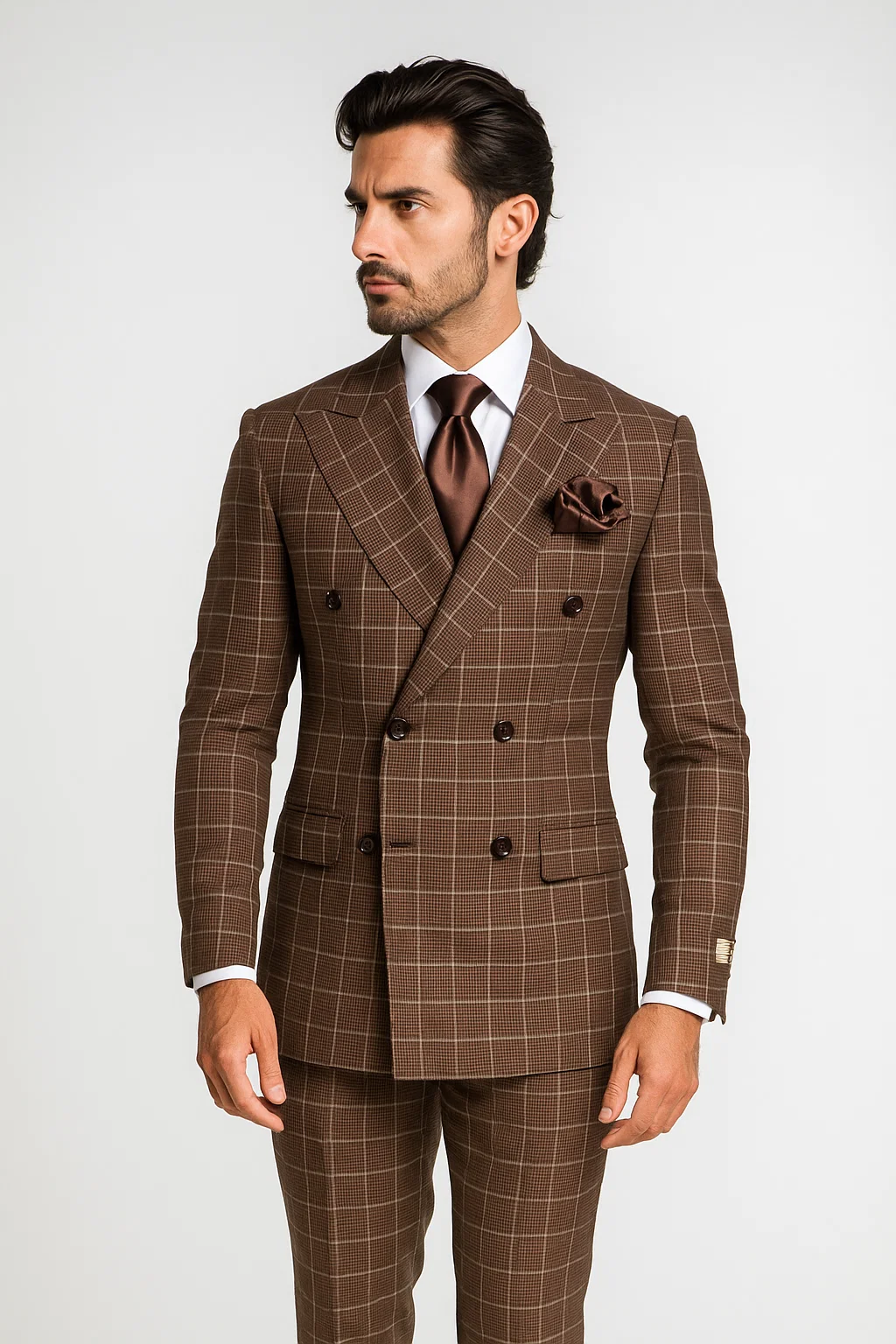 Suits With Baggy Pleated Pants - Wide Leg Pants 100% Wool - Classic Fit in Brown Plaid Color by Rossiman - 38 Regular