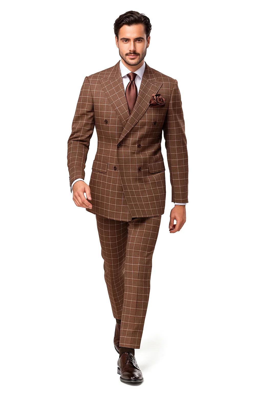Suits With Baggy Pleated Pants - Wide Leg Pants 100% Wool - Classic Fit in Brown Plaid Color by Rossiman - 38 Regular